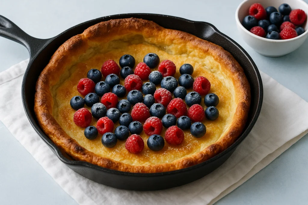 Golden Dutch Baby pancake in a cast iron skillet, topped with fresh raspberries and blueberries, dusted with powdered sugar.