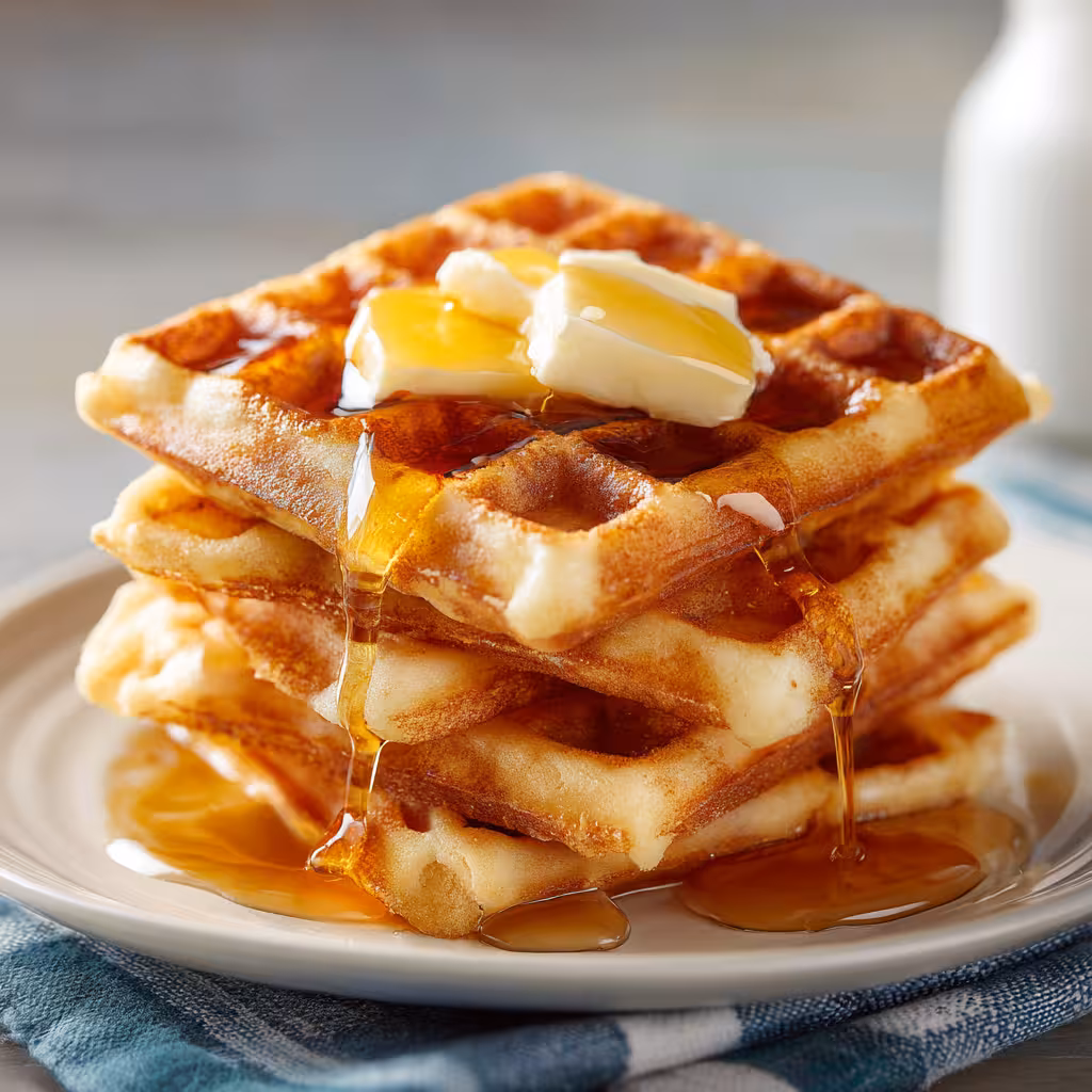 Stack of cinnamon Belgian waffles with butter and maple syrup