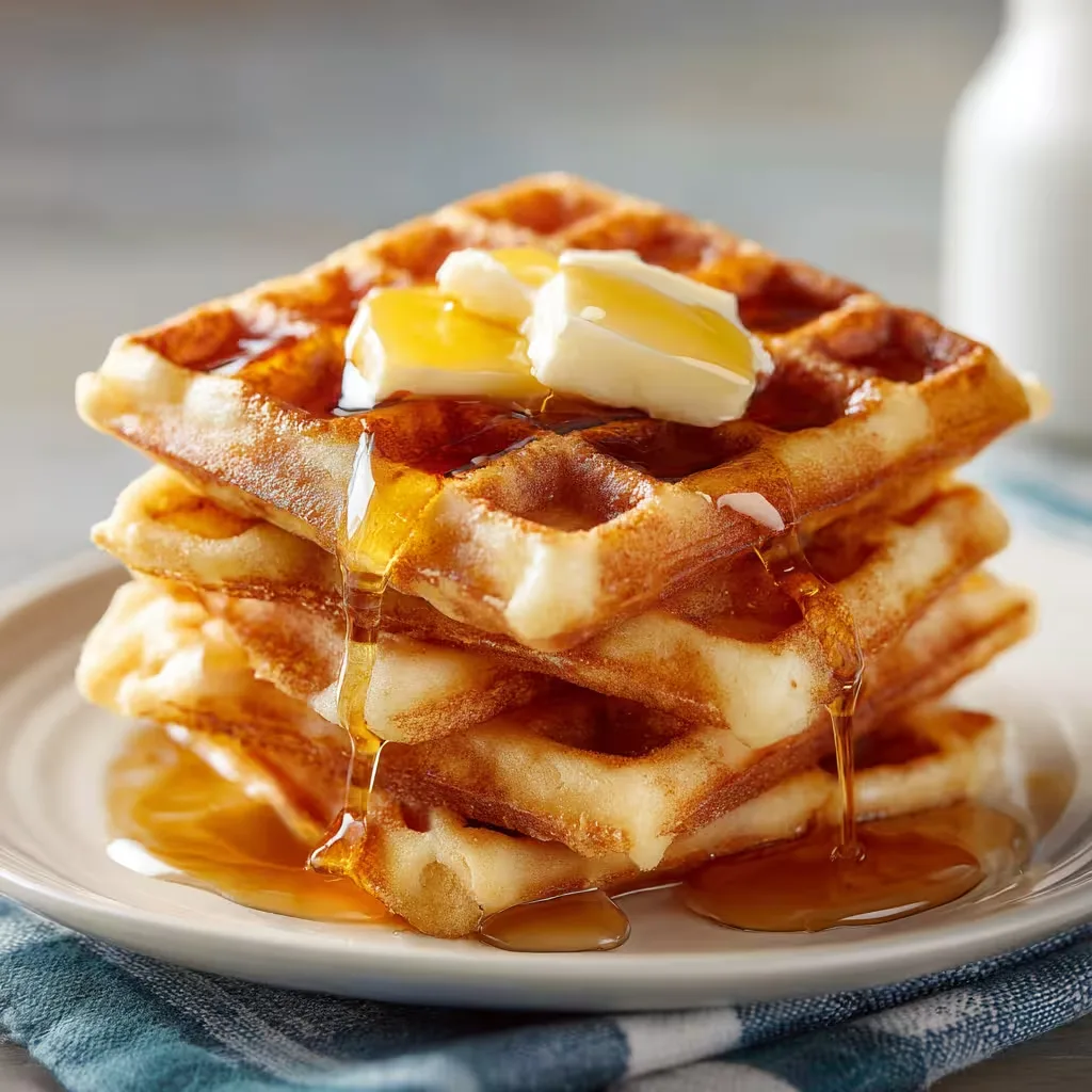 Stack of cinnamon Belgian waffles with butter and maple syrup
