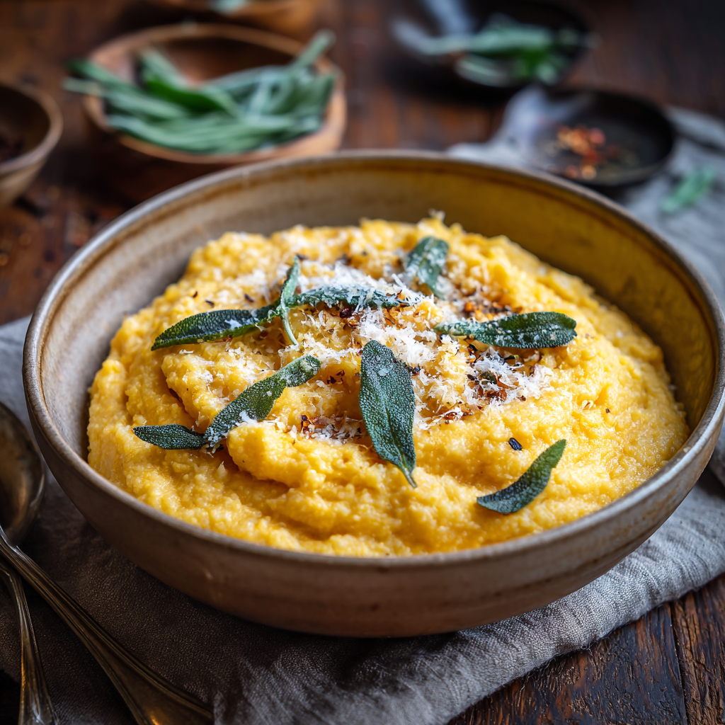 Final serving of pumpkin polenta with sage and parmesan