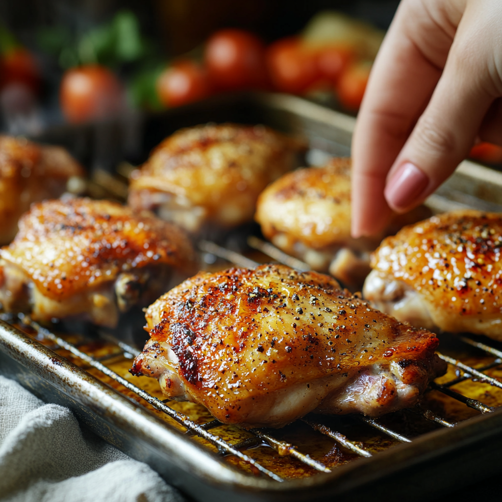 Close-up of crispy, golden baked chicken thighs on a wire rack over a tray, seasoned simply with salt and pepper