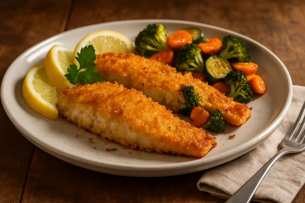 Overhead view of crispy baked walleye fillets with a golden crust, served with lemon wedges and steamed vegetables including broccoli, carrots, and spinach.