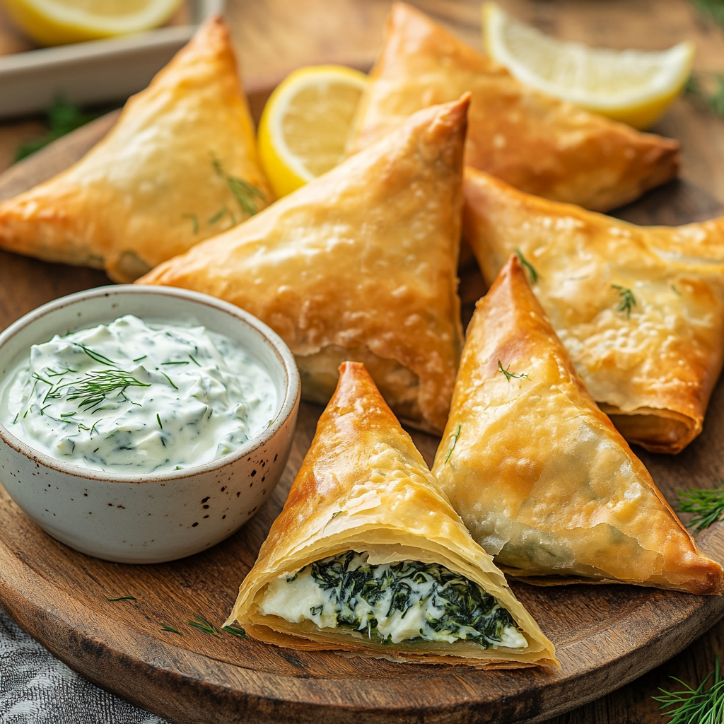 Enjoy the crispy, cheesy goodness of homemade spanakopita, made effortlessly in the air fryer and served with creamy tzatziki.