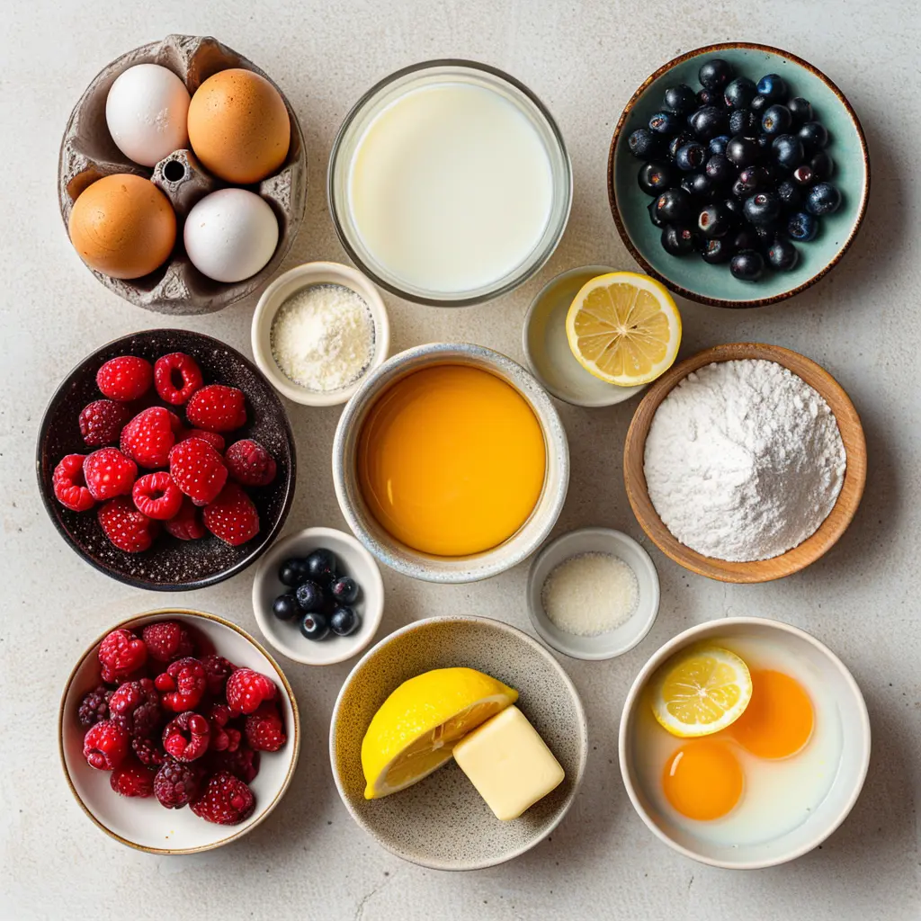 Ingredients for Dutch baby pancake arranged neatly: eggs, milk, flour, sugar, butter, vanilla, lemon, berries, powdered sugar.