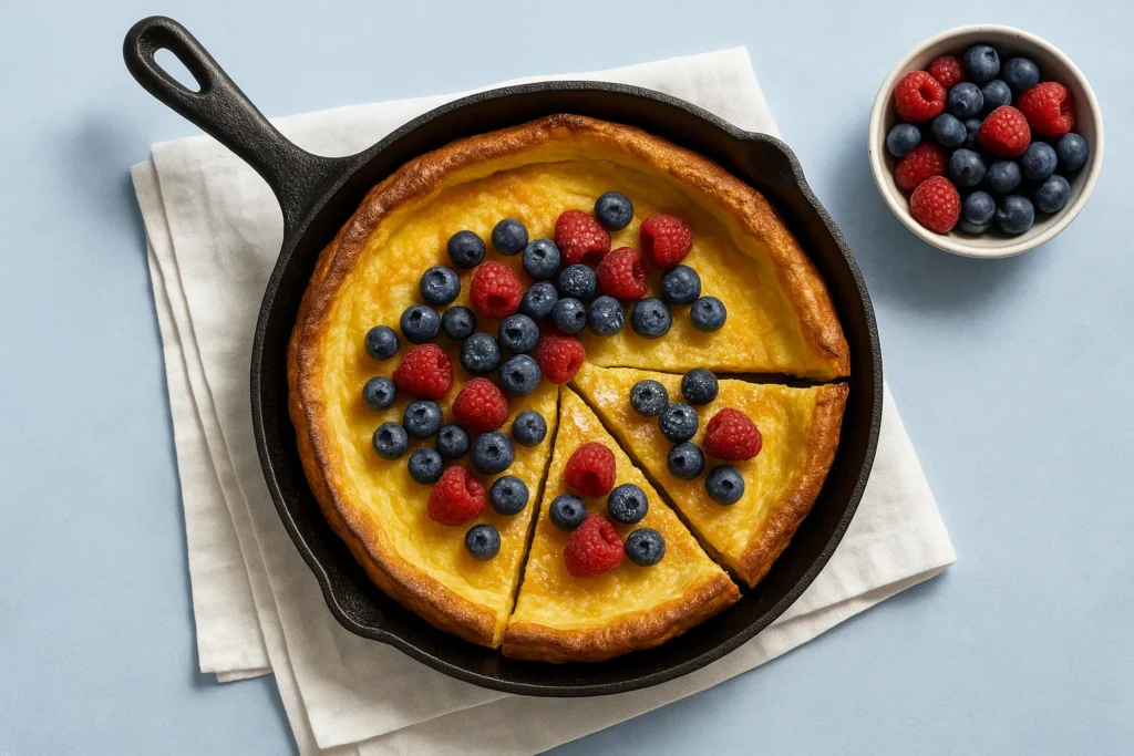 Sliced Dutch Baby pancake in a cast iron skillet, topped with fresh blueberries and raspberries, dusted with powdered sugar.