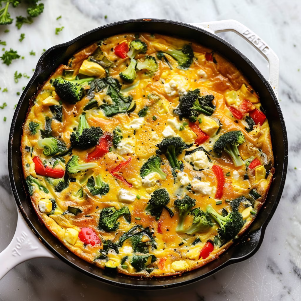 Baked vegetable frittata in a cast iron skillet on a kitchen counter