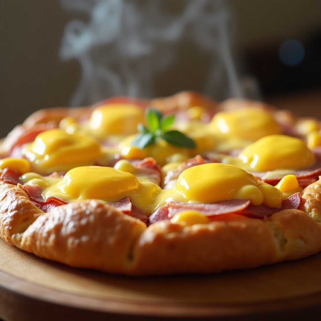 Close-up of Eggs Benedict Breakfast Pizza with scrambled eggs, ham, cheddar, and Hollandaise on a golden crust.