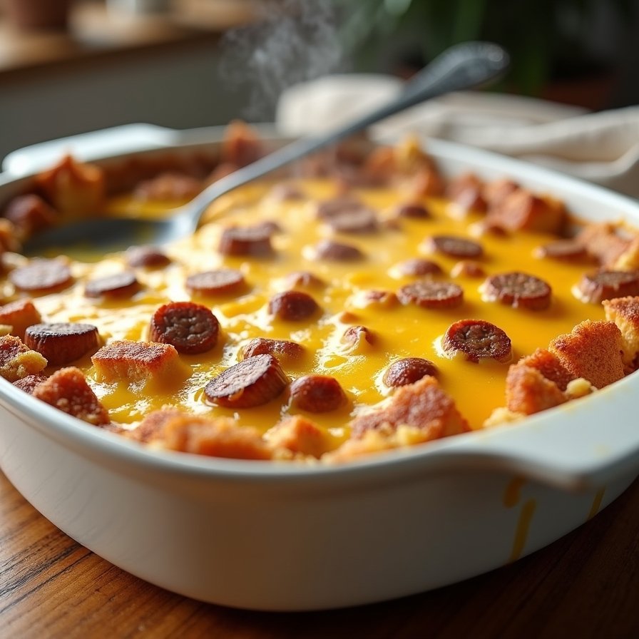 Close-up of a golden-brown breakfast sausage casserole in a white baking dish, topped with melted cheddar, sausage, and toasted bread cubes.
