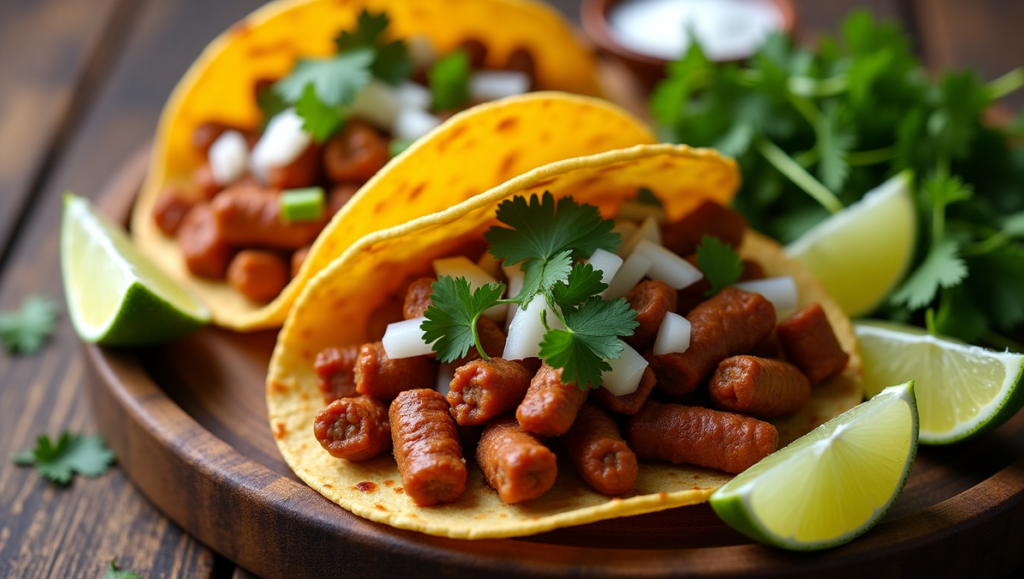Angled view of chorizo street tacos on a plate with lime wedges and fresh toppings