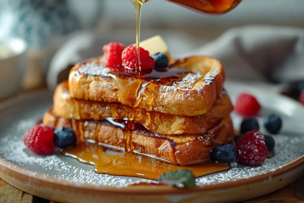Golden French toast stack with melting butter, maple syrup drizzle, and fresh berries on a white plate.