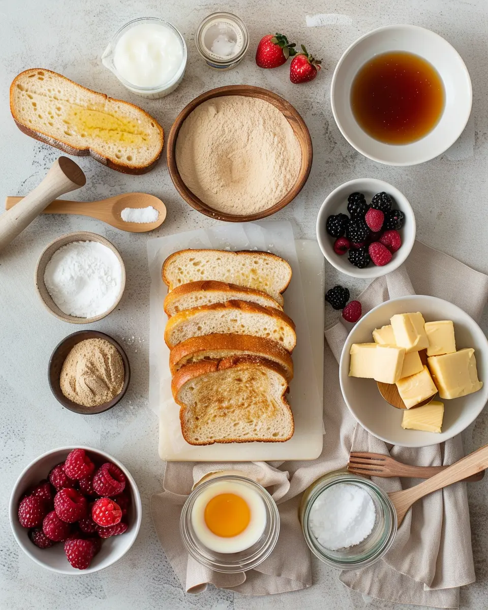 Ingredients for French toast: brioche slices, eggs, milk, vanilla, cinnamon, salt, butter, berries, and maple syrup.
