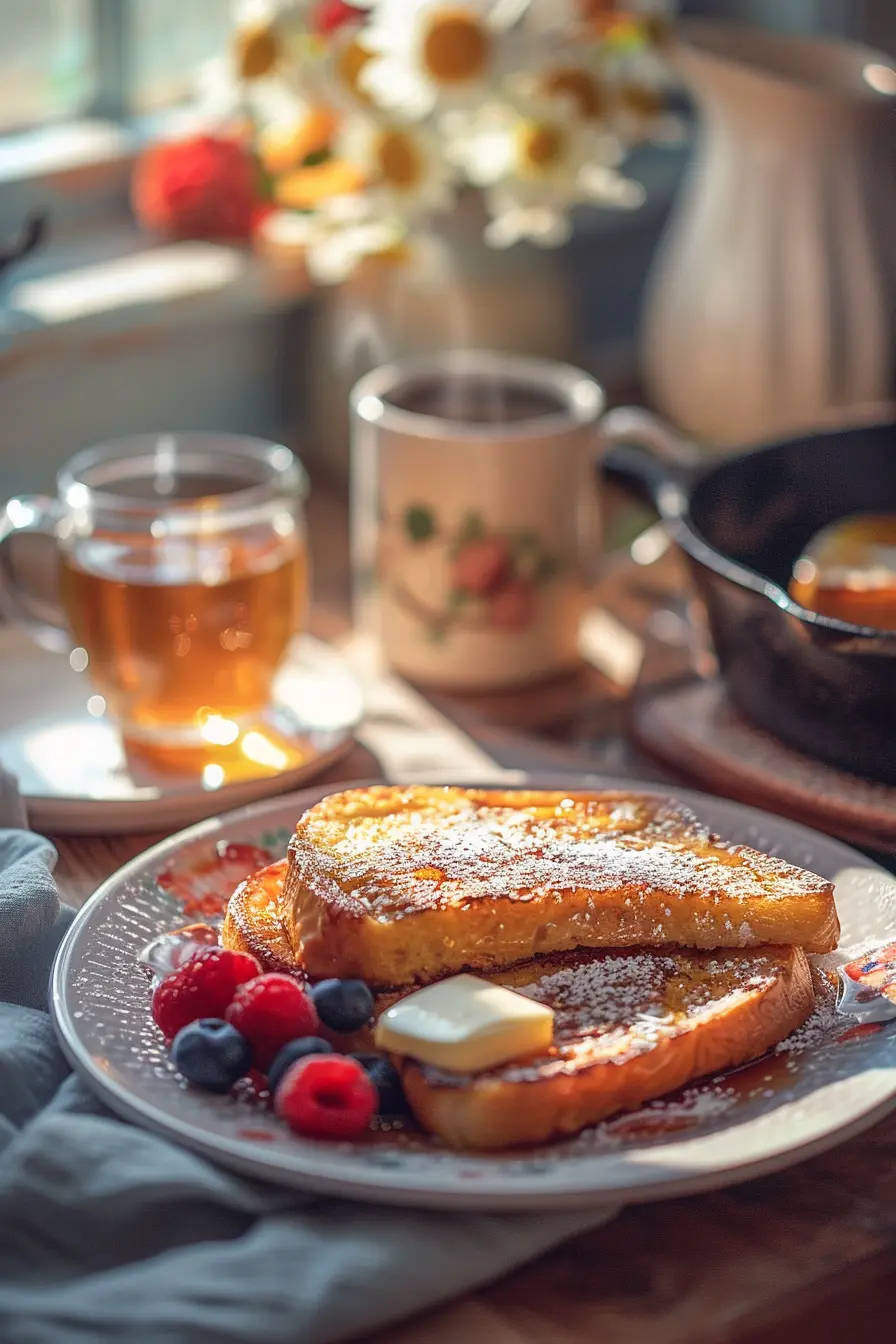 Plated French toast triangles with butter, powdered sugar, berries, and warm maple syrup on a cozy breakfast table.