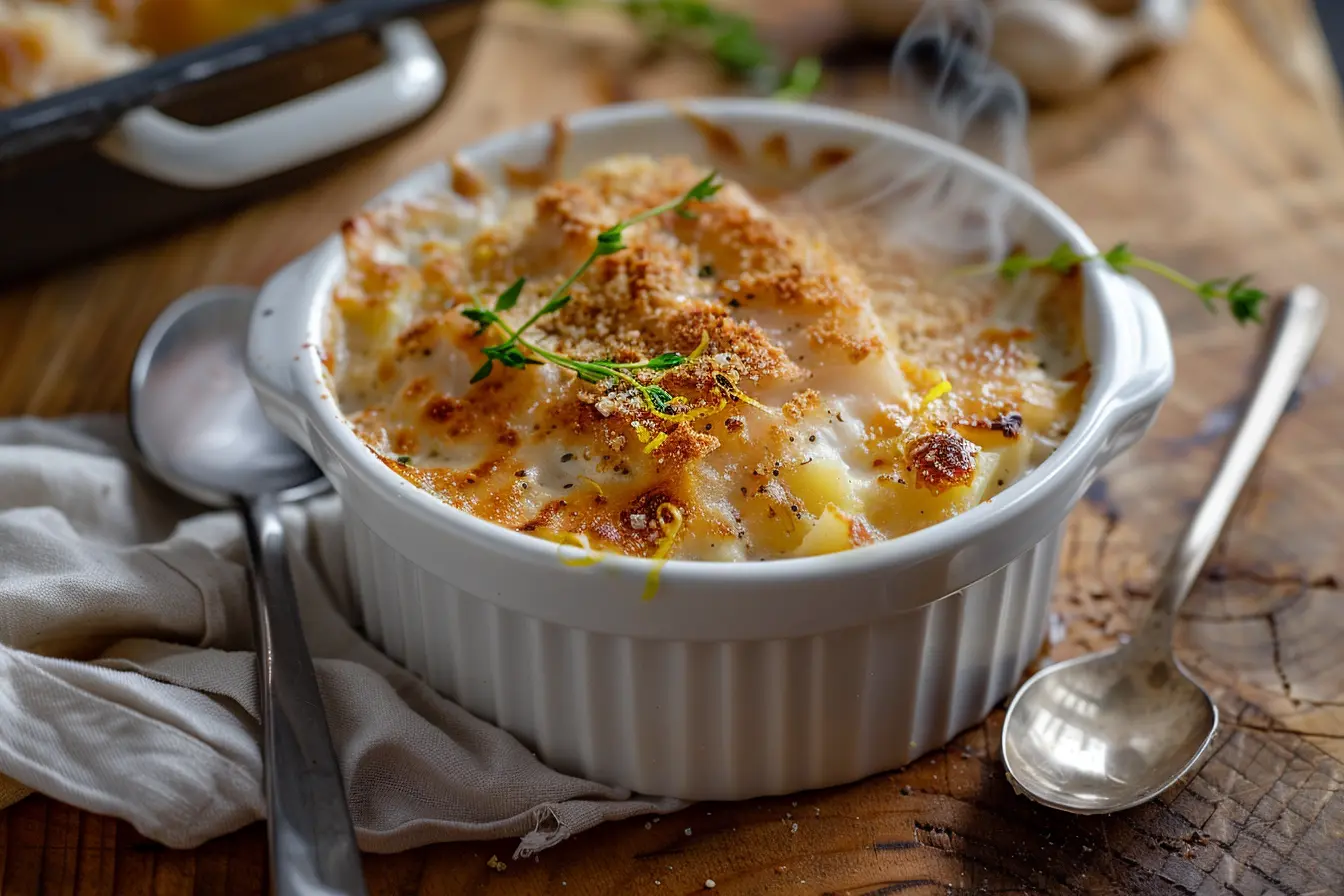 Golden individual Creamy Cod and Potato Gratin with lemon–herb cream, bubbling and garnished with tarragon.