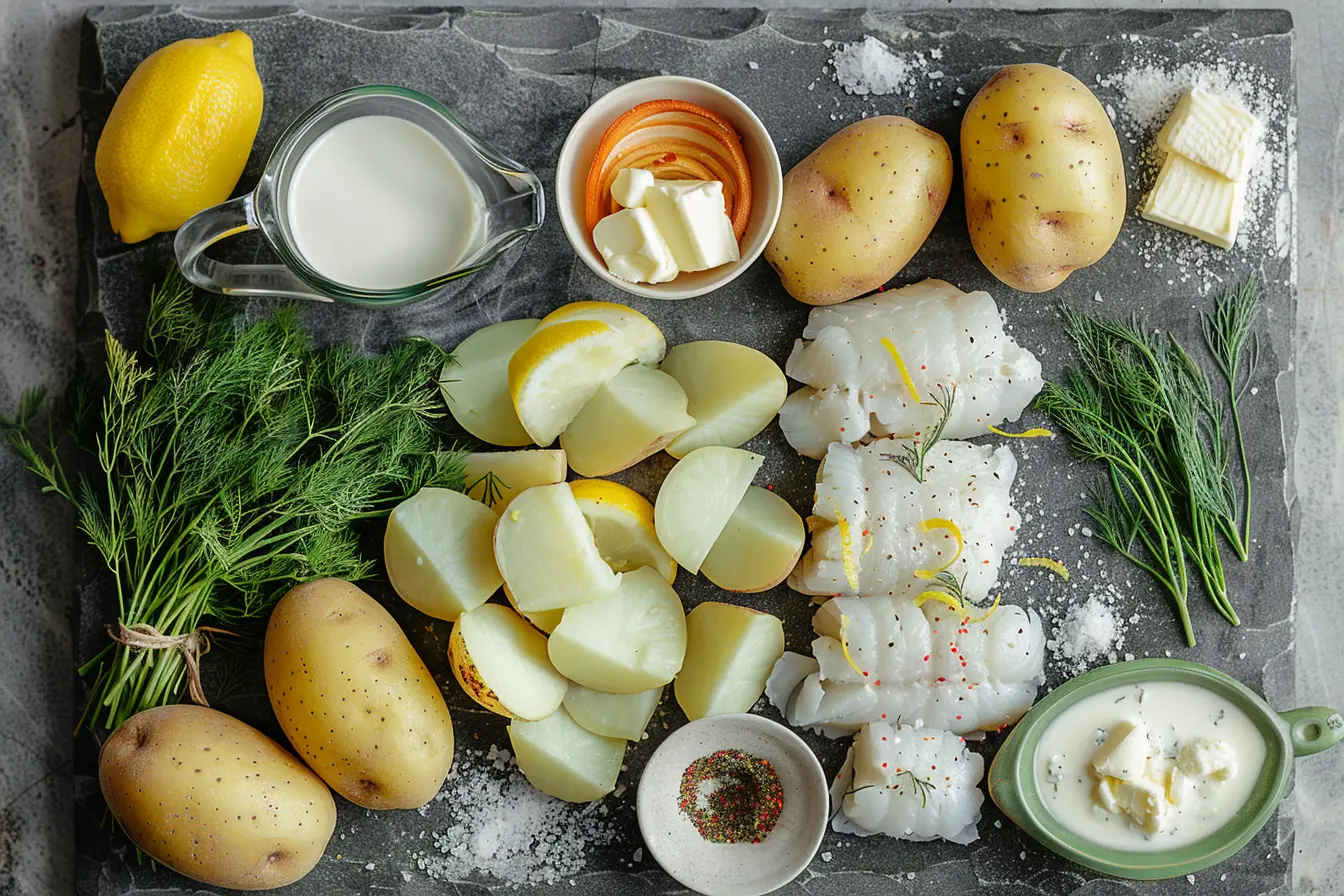 Russet potatoes, cod fillets, shallot, heavy cream, lemon, butter, tarragon, dill, Parmigiano, cayenne, and salt arranged on marble.