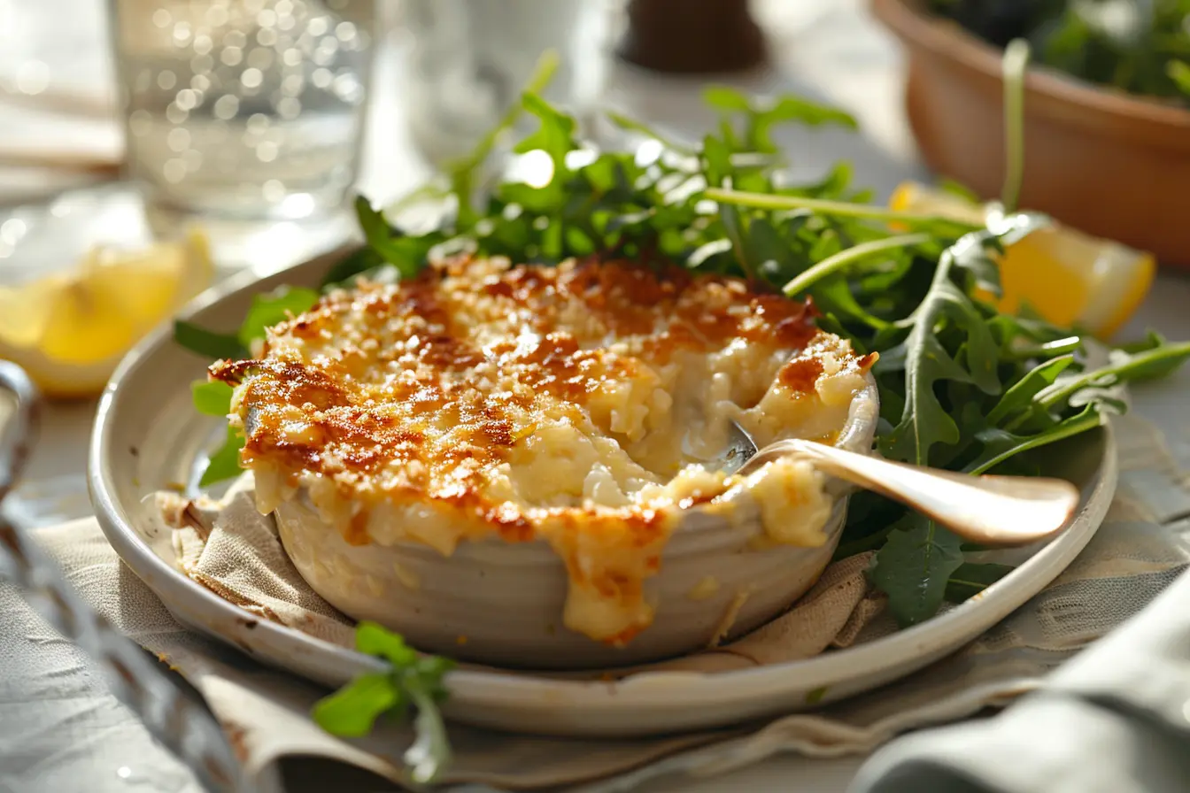 Individual cod and potato gratin served with arugula salad and lemon wedge on a rustic table.