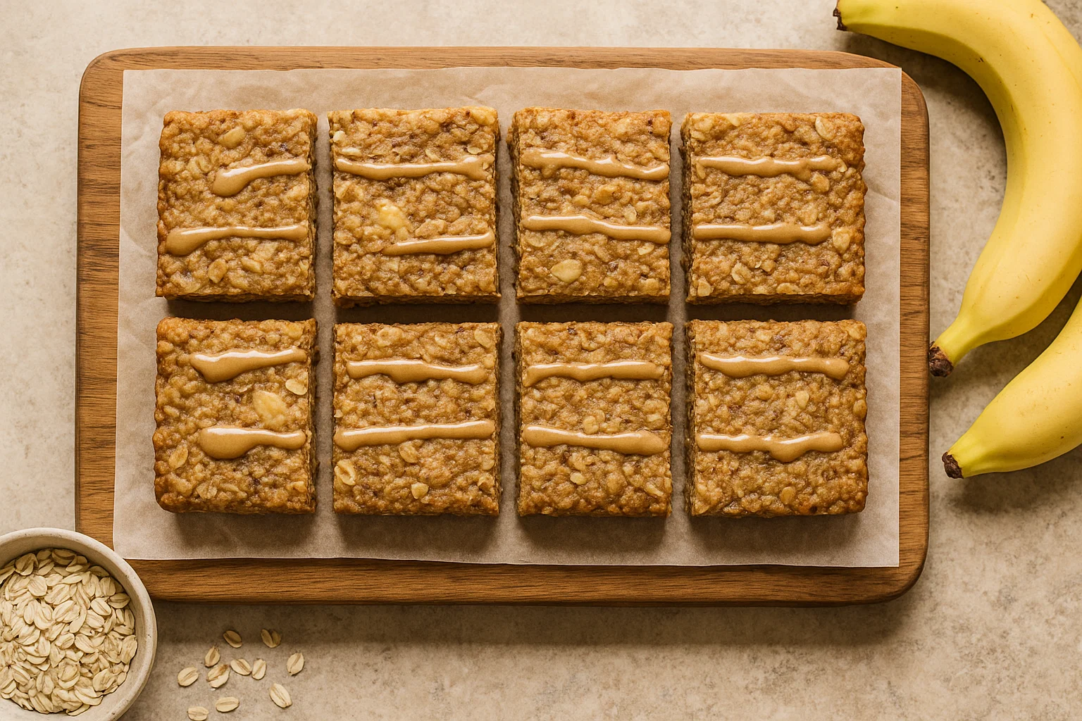 Homemade high-fiber, high-protein breakfast bars sliced into even rectangles on a parchment-lined cutting board, topped with a light peanut butter layer.