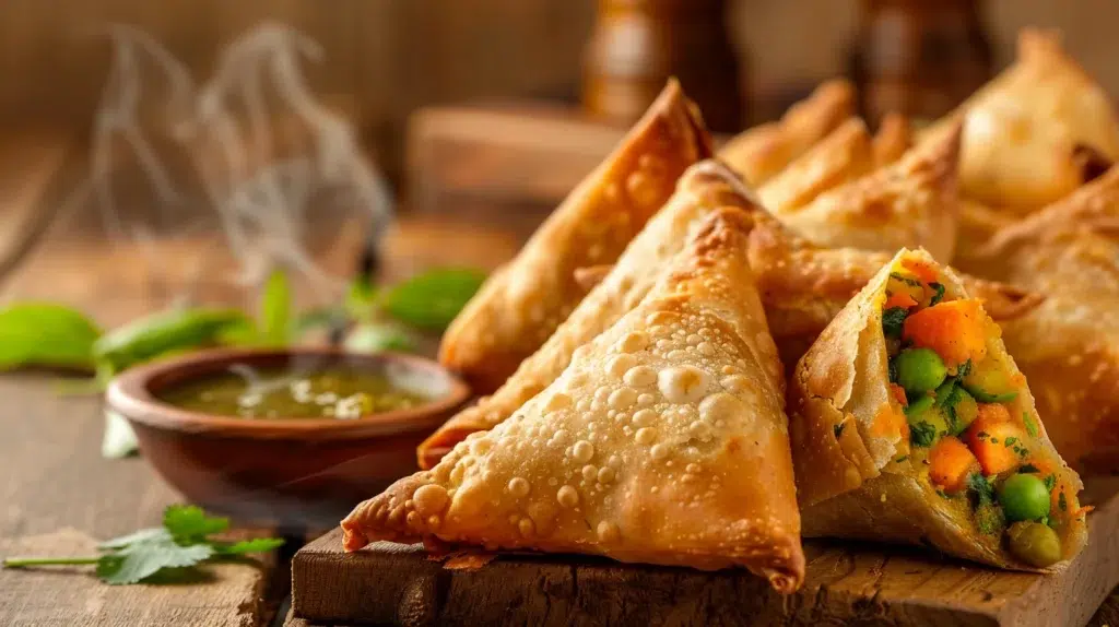 Baked healthy vegetable samosas on a wooden board with chutney, showing a golden crispy crust and colorful vegetable filling.