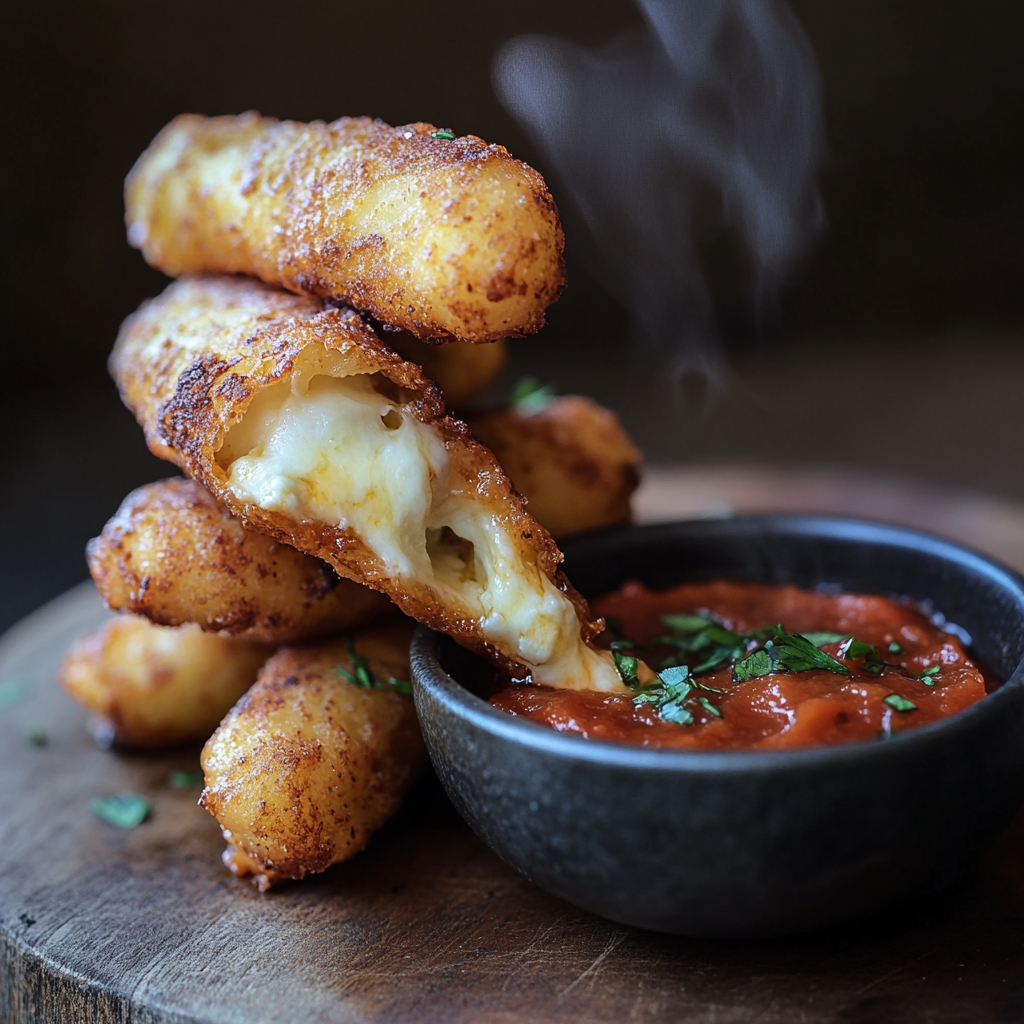 Close-up of crispy fried mozzarella sticks with gooey cheese inside, served with marinara sauce
