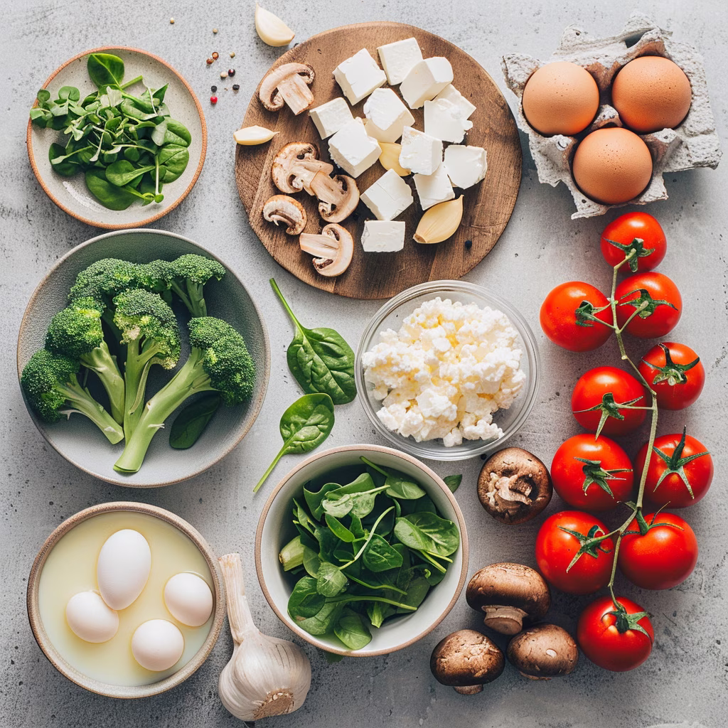 Ingredients for frittata including vegetables, eggs, and cheese