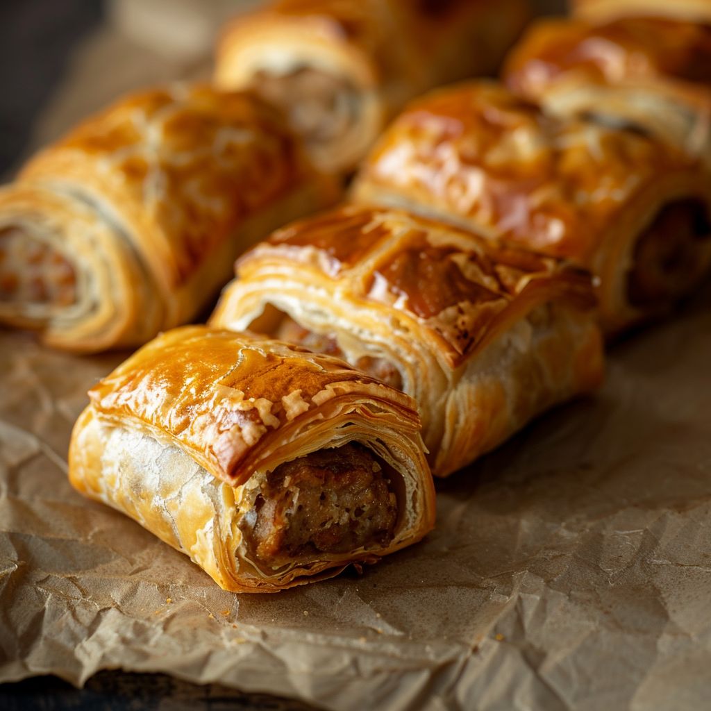 A pile of freshly baked English sausage rolls with golden, flaky puff pastry and savory sausage filling, served on parchment paper