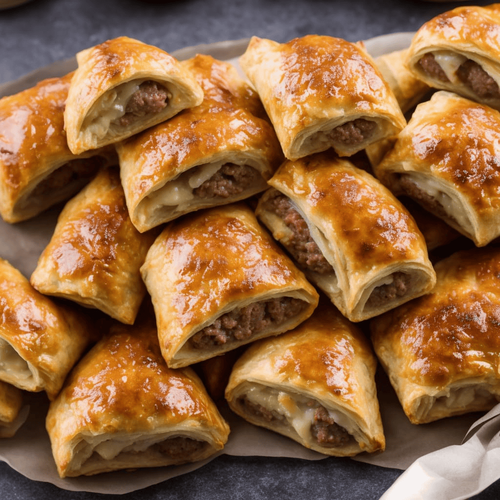 Golden brown English sausage rolls on a white ceramic plate, served with a side of Dijon mustard and garnished with fresh herbs