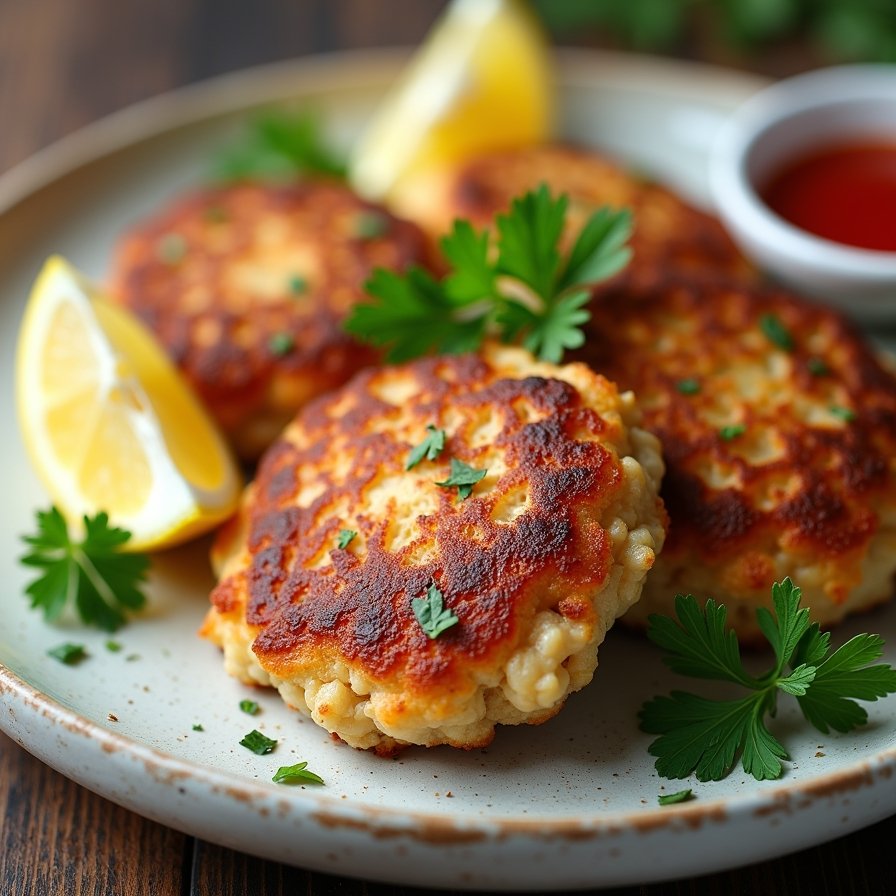 Close-up of golden-brown Maryland crab cakes on a ceramic plate, garnished with parsley and served with lemon wedges and tartar sauce.