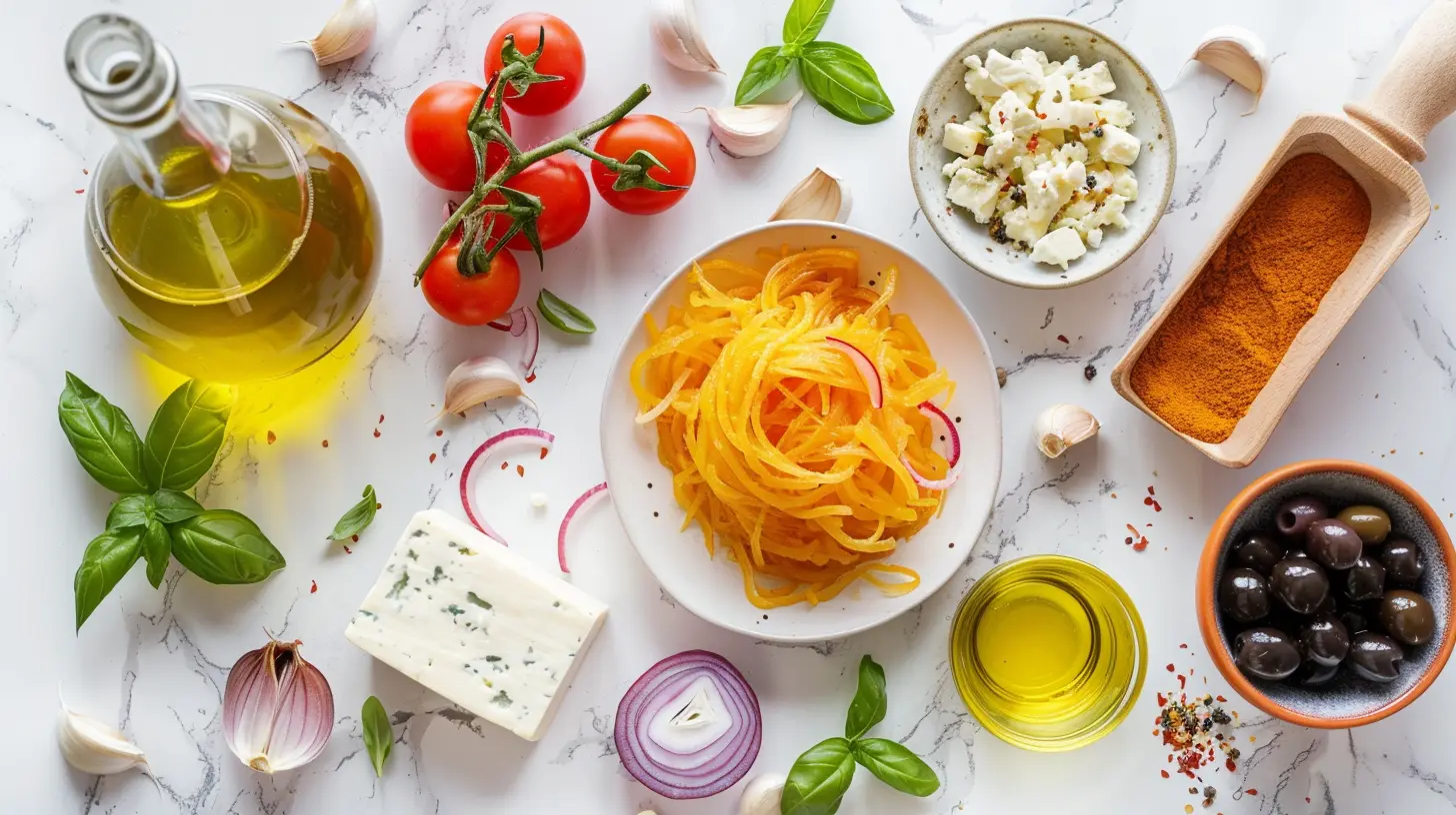 Mediterranean spaghetti squash recipe ingredients including feta cheese, black olives, tomatoes, basil, garlic and onions arranged on marble surface