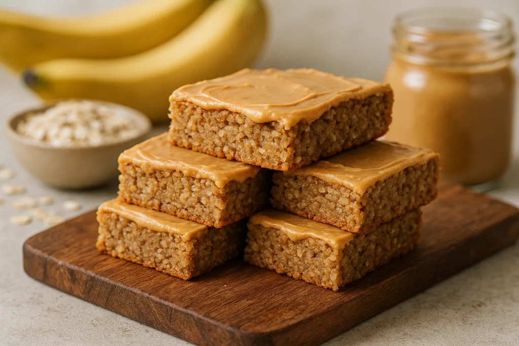 Side angle view of homemade high-fiber, high-protein breakfast bars stacked on a rustic wooden board, showing moist interior texture with visible oats and a peanut butter topping.
