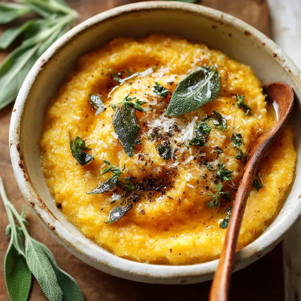 Pumpkin polenta with sage served in a ceramic bowl