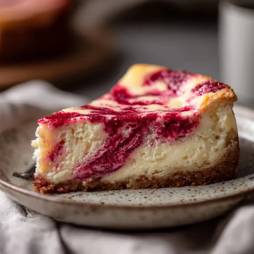 Slice of easy keto raspberry cheesecake with raspberry swirl
