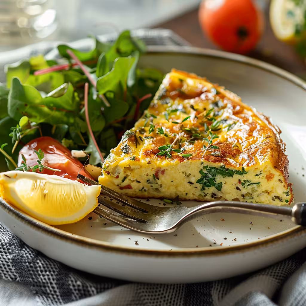 Frittata slice on a plate served with salad and herbs