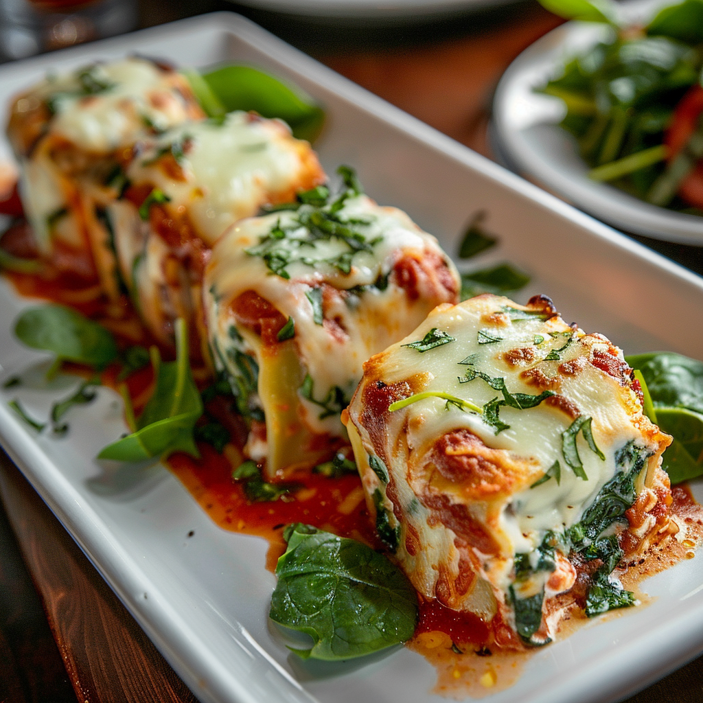 Spinach lasagna rolls topped with marinara sauce and melted cheese, served on a white platter and garnished with fresh spinach leaves.