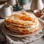 Stack of thin breakfast crepes with maple syrup