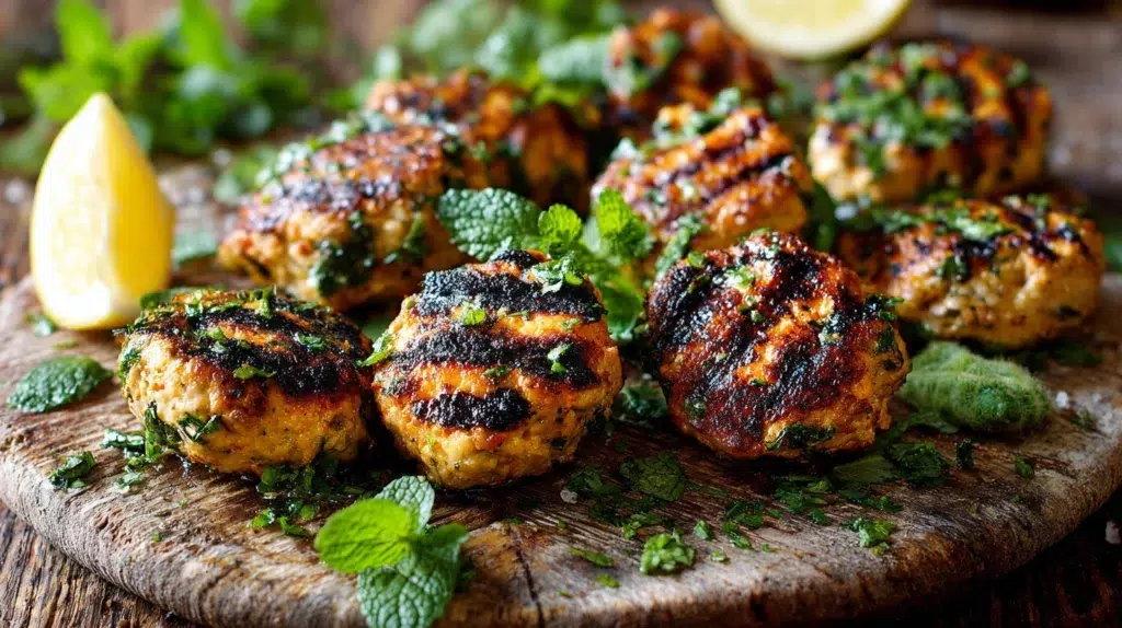 Succulent grilled chicken koftas with char marks on a rustic wooden platter, garnished with fresh cilantro and a lemon wedge.