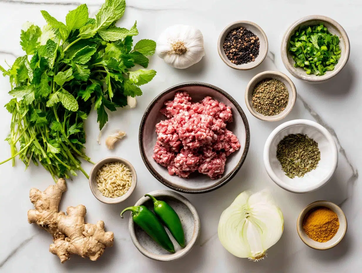 Ingredients for a chicken koftas recipe including ground chicken, cilantro, mint, onion, garlic, ginger, and spices.