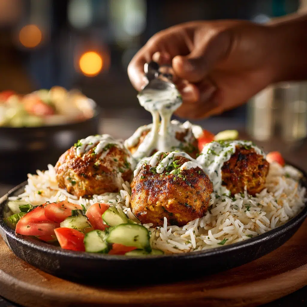 A serving of chicken koftas on a plate with basmati rice, a fresh cucumber and tomato salad, and a drizzle of yogurt sauce.