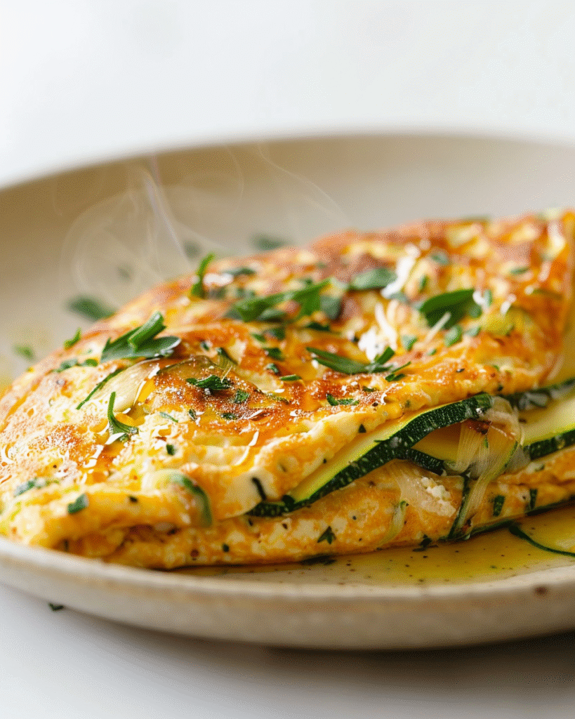 Close-up of a folded zucchini omelet on a plate, with visible grated zucchini, fluffy eggs, and herb garnish.