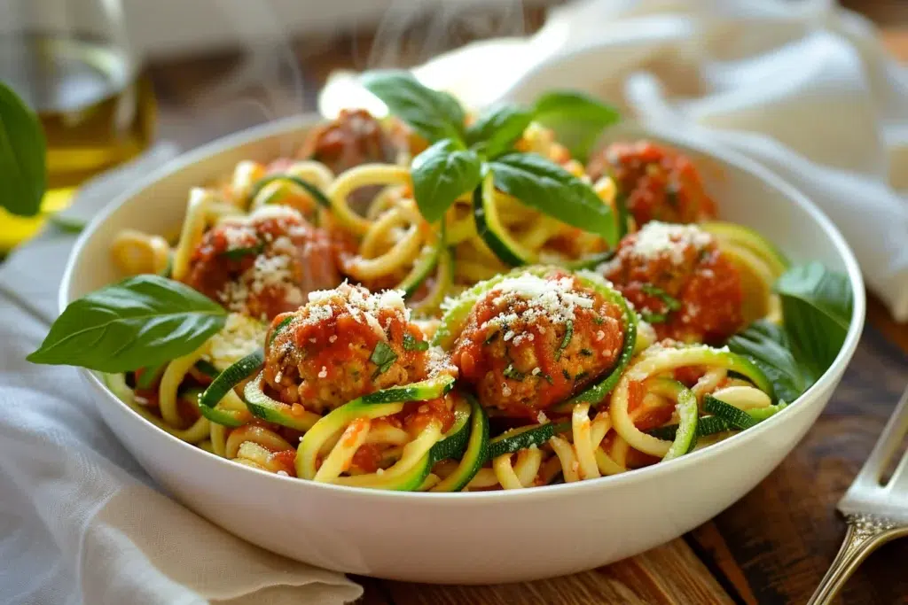 Bowl of zucchini spaghetti with turkey meatballs in marinara, topped with basil and Parmesan.
