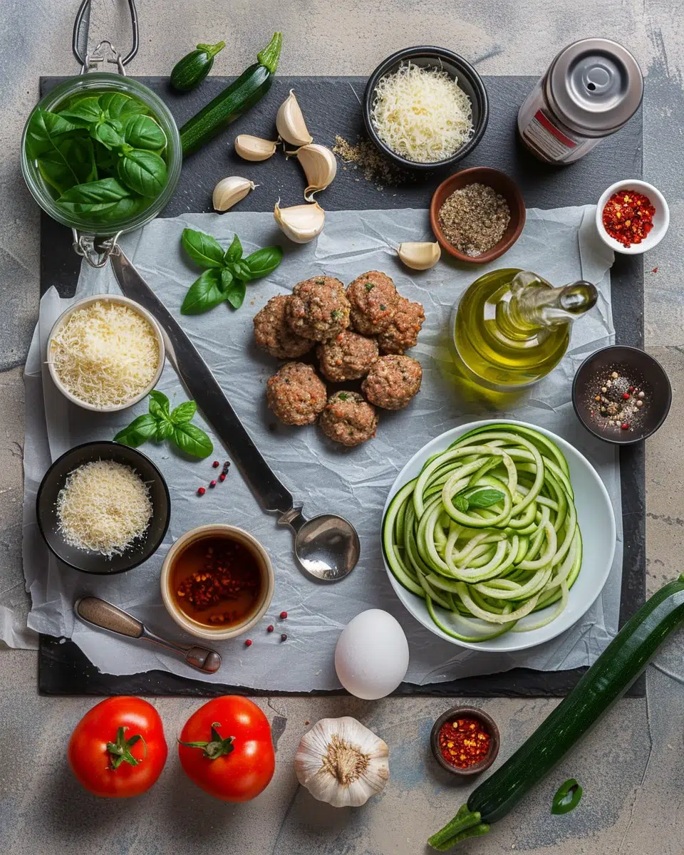 Flat lay of ingredients for zucchini spaghetti with turkey meatballs: zucchini, ground turkey, tomatoes, garlic, basil, Parmesan.