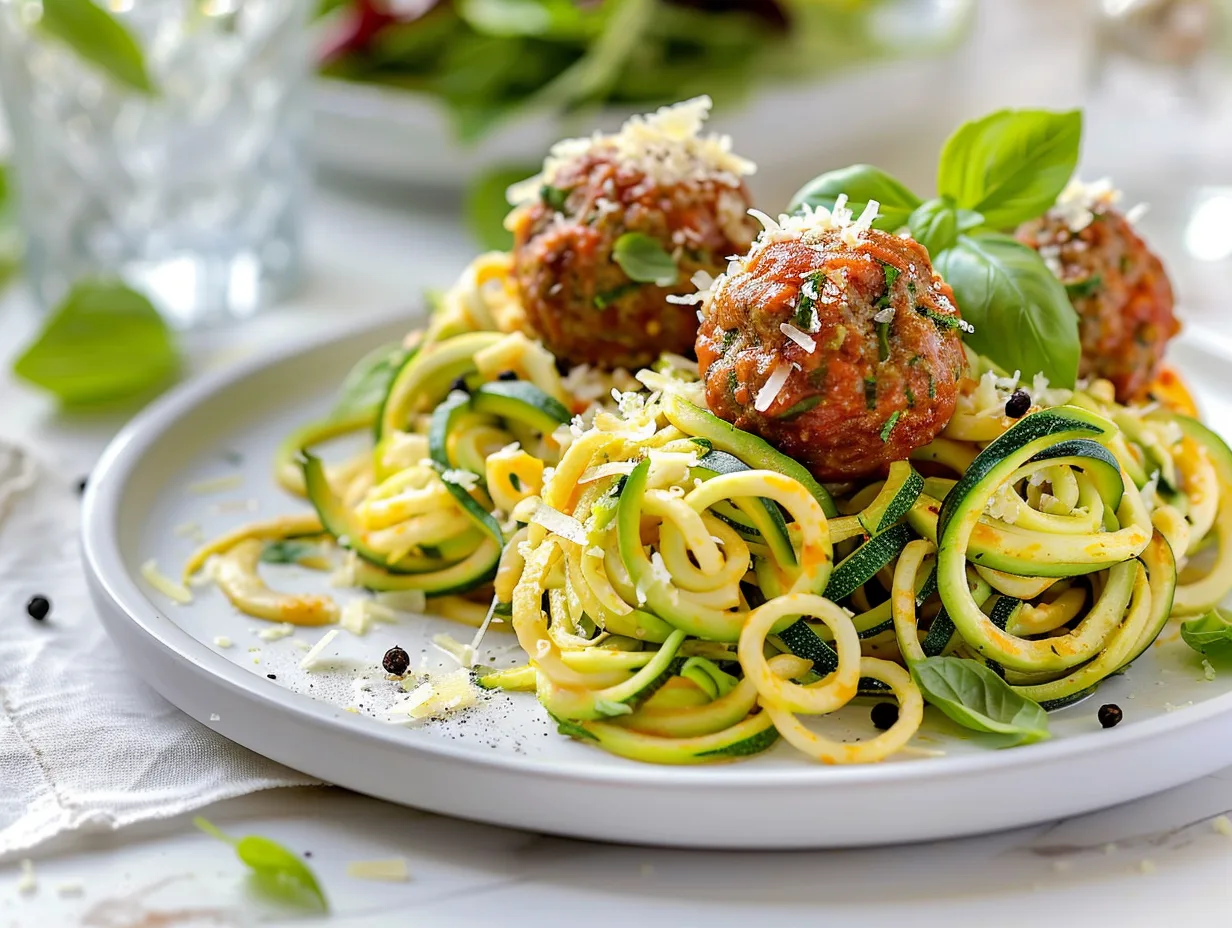 Single plate of zucchini spaghetti with two turkey meatballs, basil, and shaved Parmesan