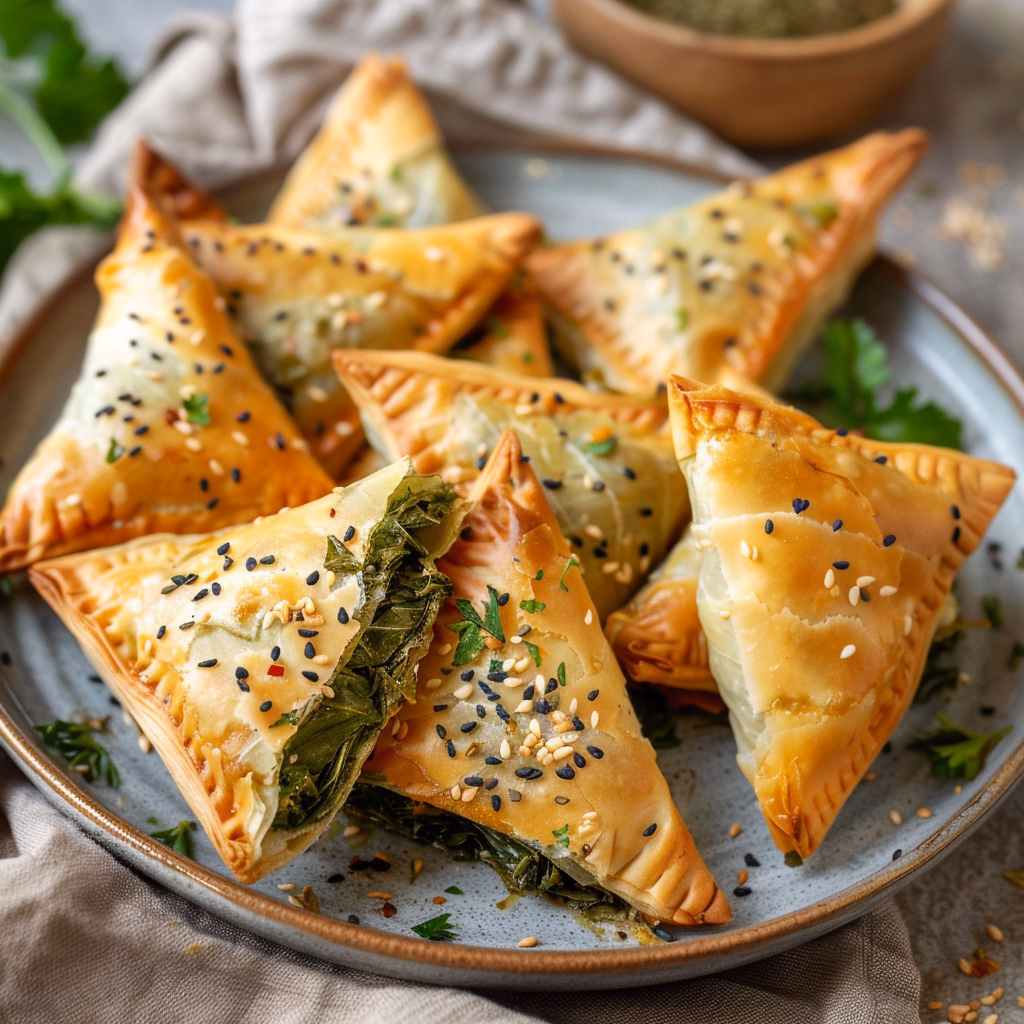 Golden air fryer spanakopita triangles served on a ceramic plate