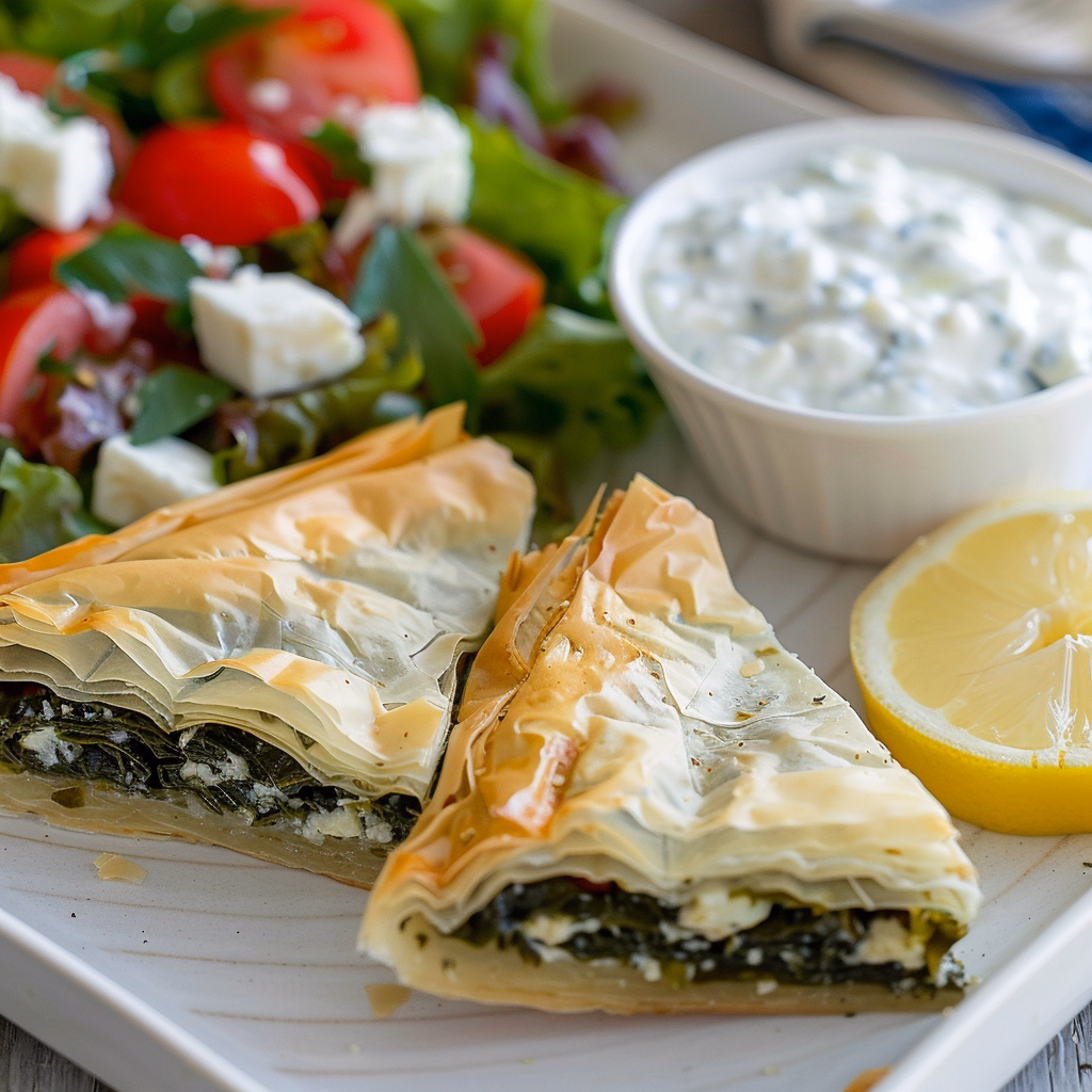 Ingredients for spanakopita including spinach, feta, eggs, and phyllo