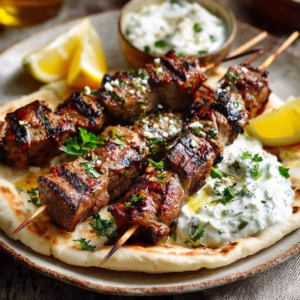 Authentic Greek lamb souvlaki skewers with pita and tzatziki