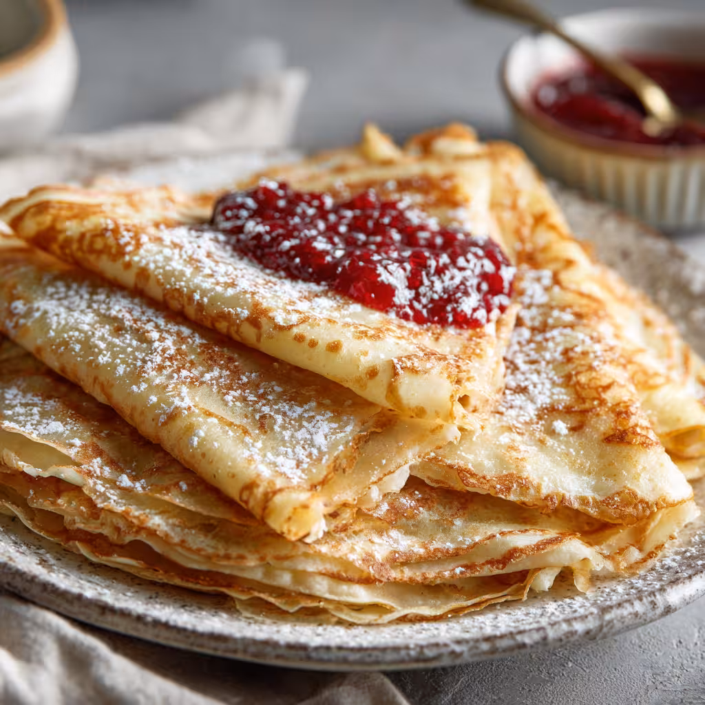 Authentic Swedish Pancakes Thin Swedish pancakes with lingonberry jam and powdered sugar on a ceramic plate