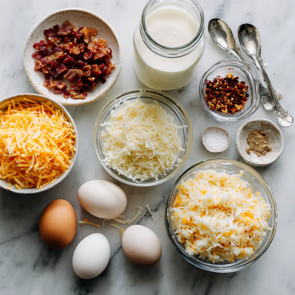 Ingredients for breakfast casserole with hash browns and eggs