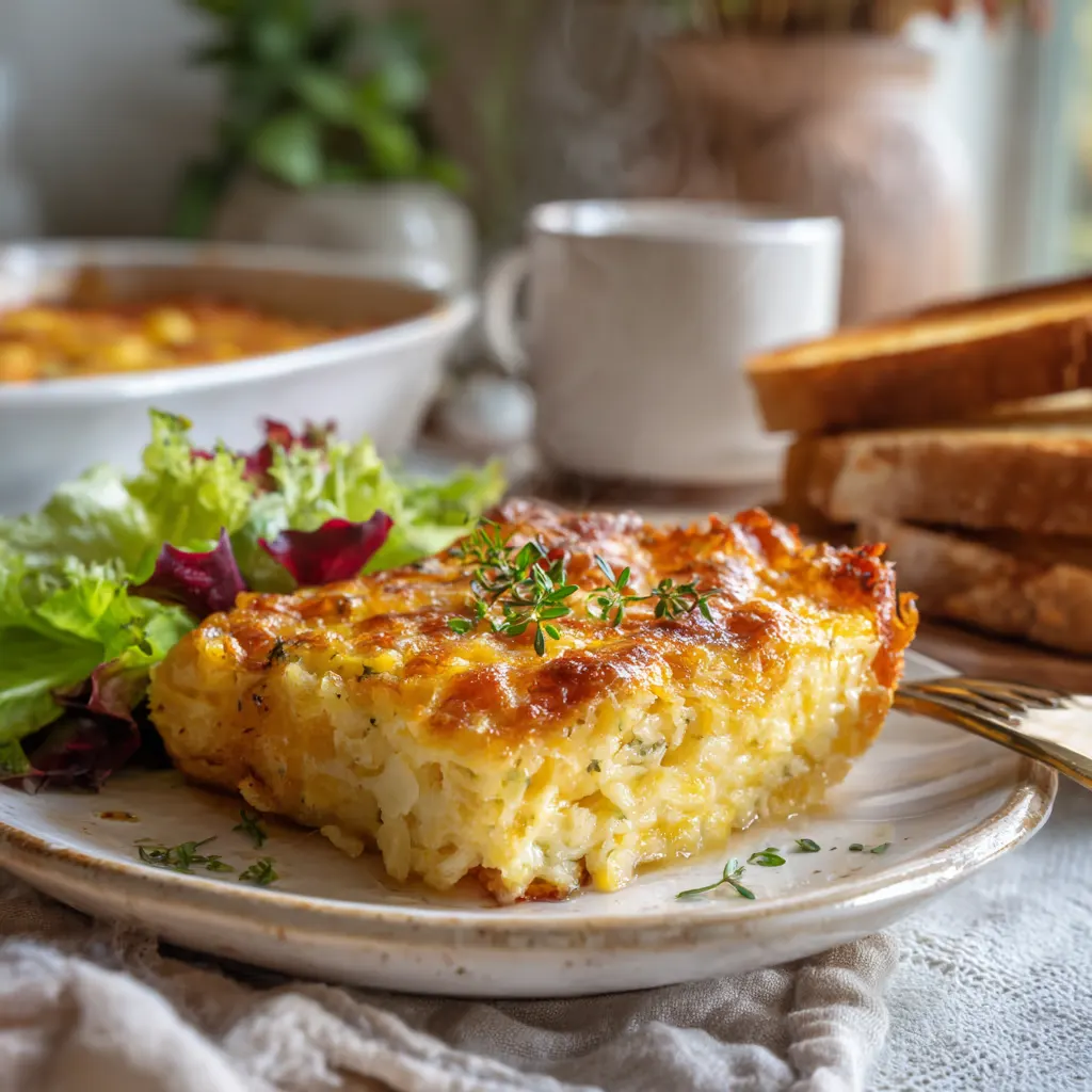 Served hash brown and egg breakfast casserole