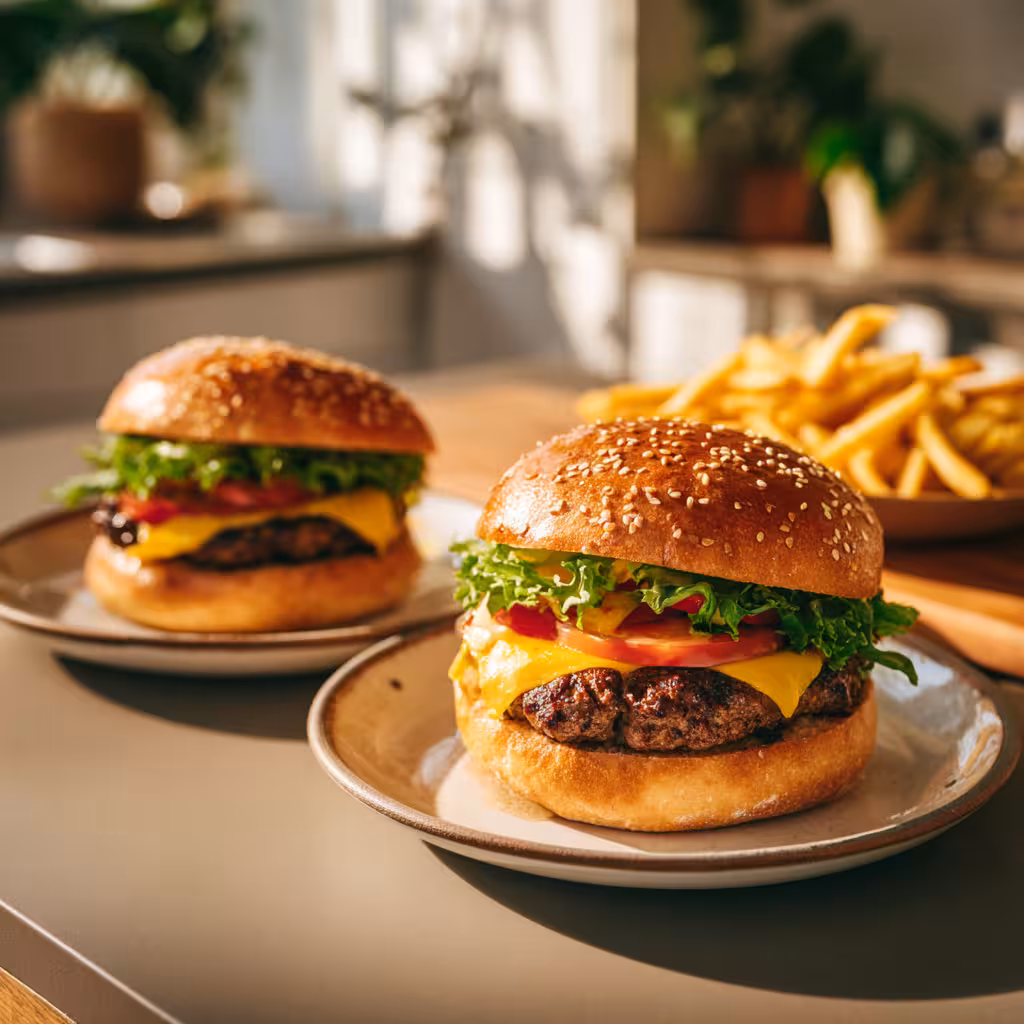Homemade burger buns filled with burgers and served with fries