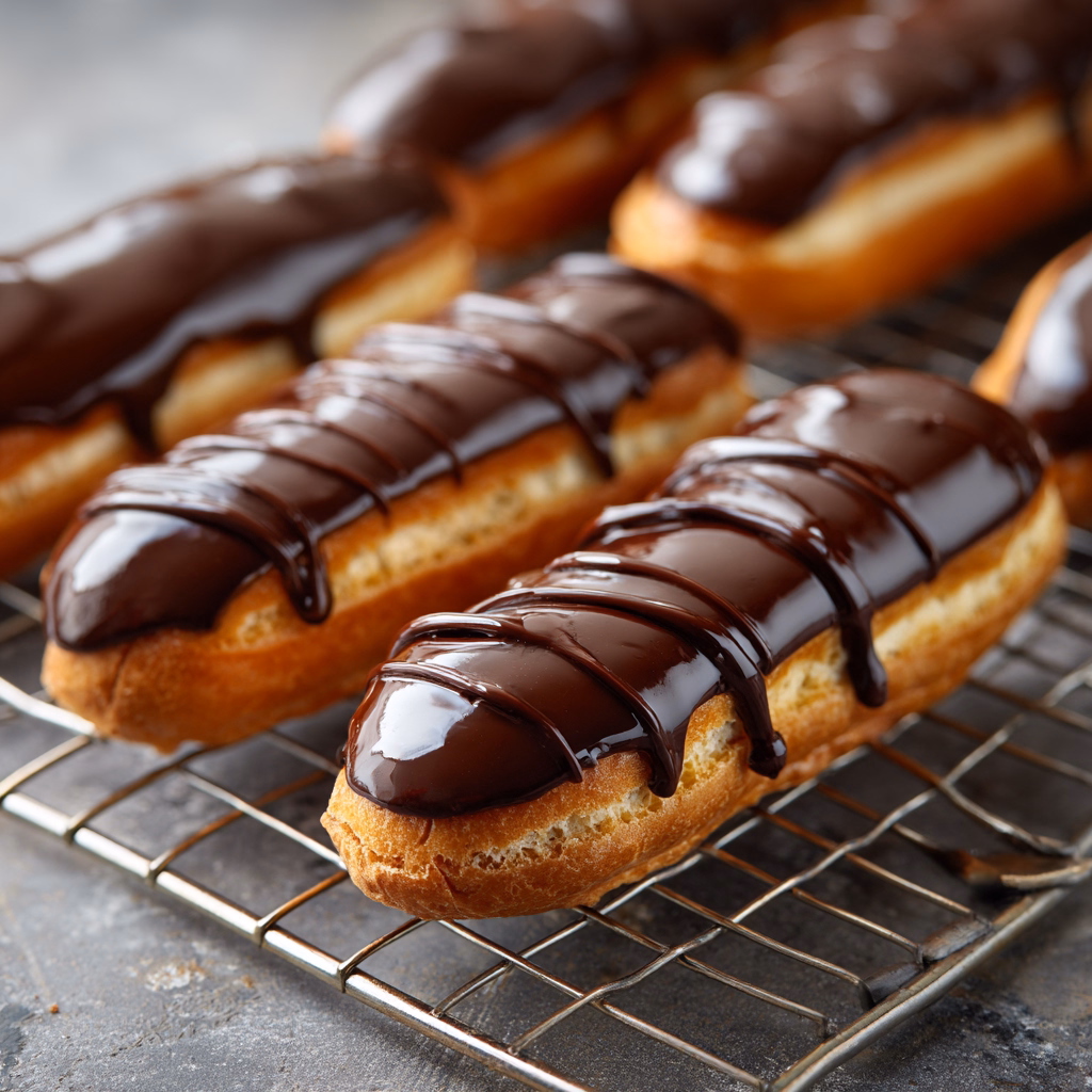 Chocolate eclairs filled with vanilla pudding and whipped cream