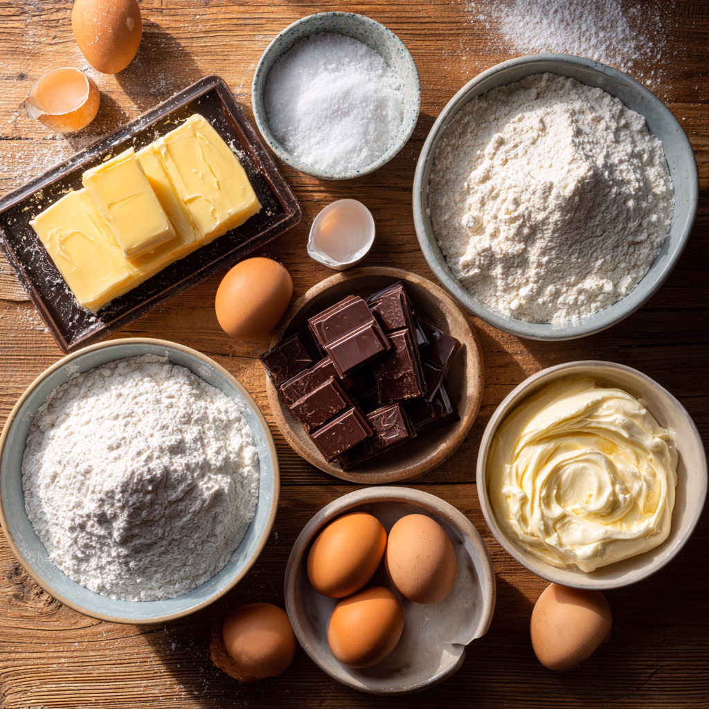 Ingredients for homemade chocolate eclairs on a wooden countertop