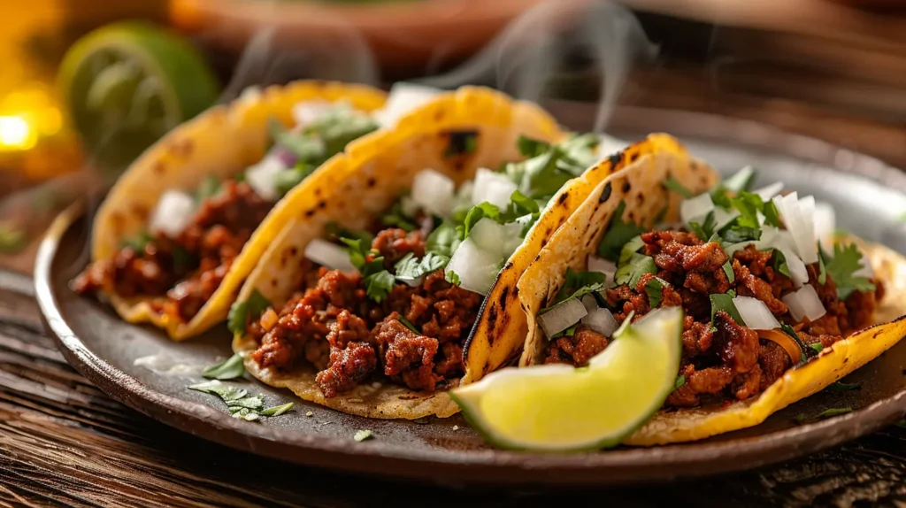 Close-up of three beef chorizo street tacos with onion, cilantro, and lime on corn tortillas.